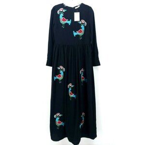PEPALOVES Birds Embroidered NWT Black Maxi Dress Long-size S